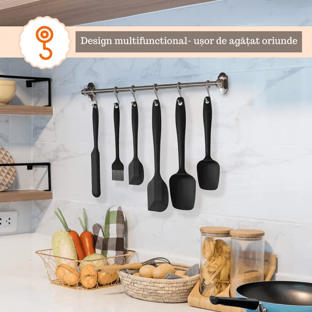 Set ustensile bucatarie Koken.ro, 6 spatule silicon, Rezistente la caldura, Negru + Suport Lingura - köken