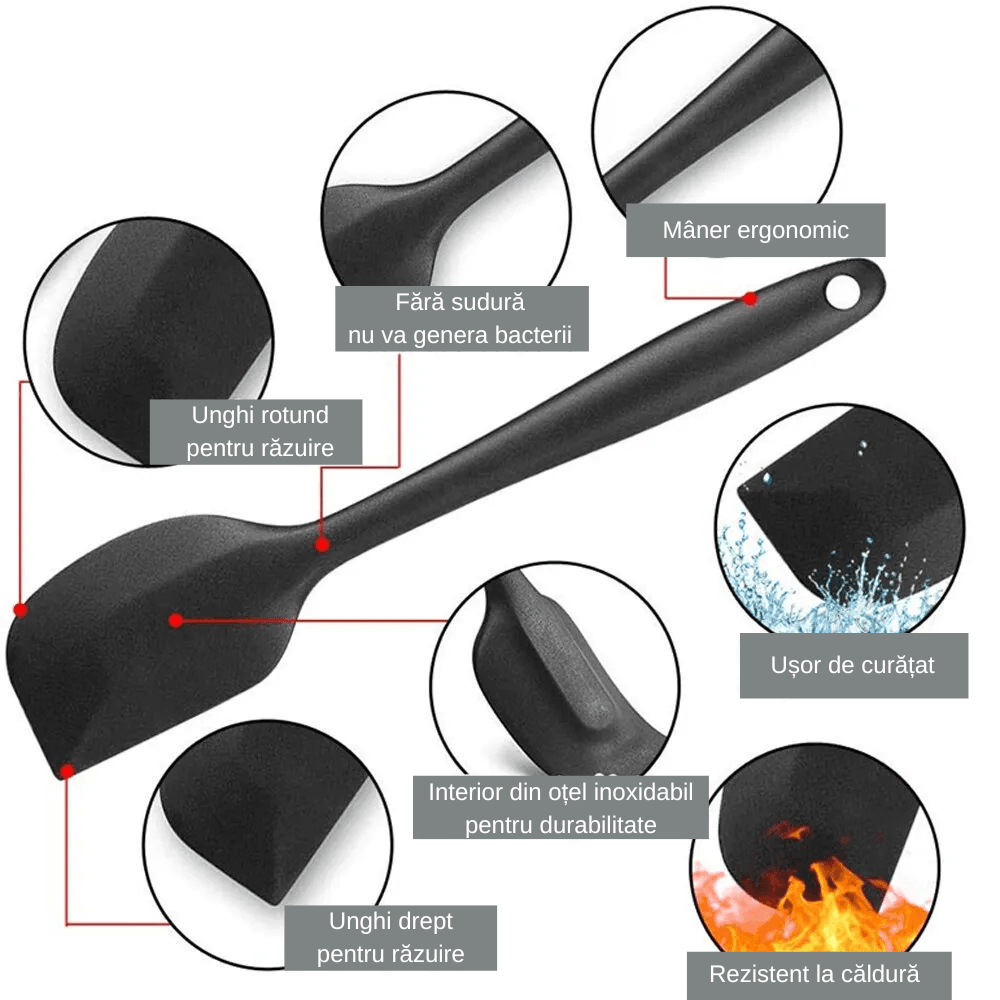 Set ustensile bucatarie Koken.ro, 6 spatule silicon, Rezistente la caldura, Negru + Suport Lingura - köken