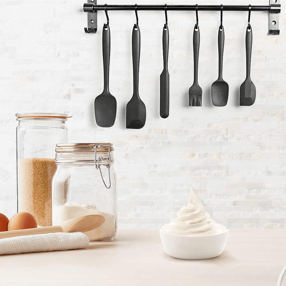 Set ustensile bucatarie Koken.ro, 6 spatule silicon, Rezistente la caldura, Negru + Suport Lingura - köken