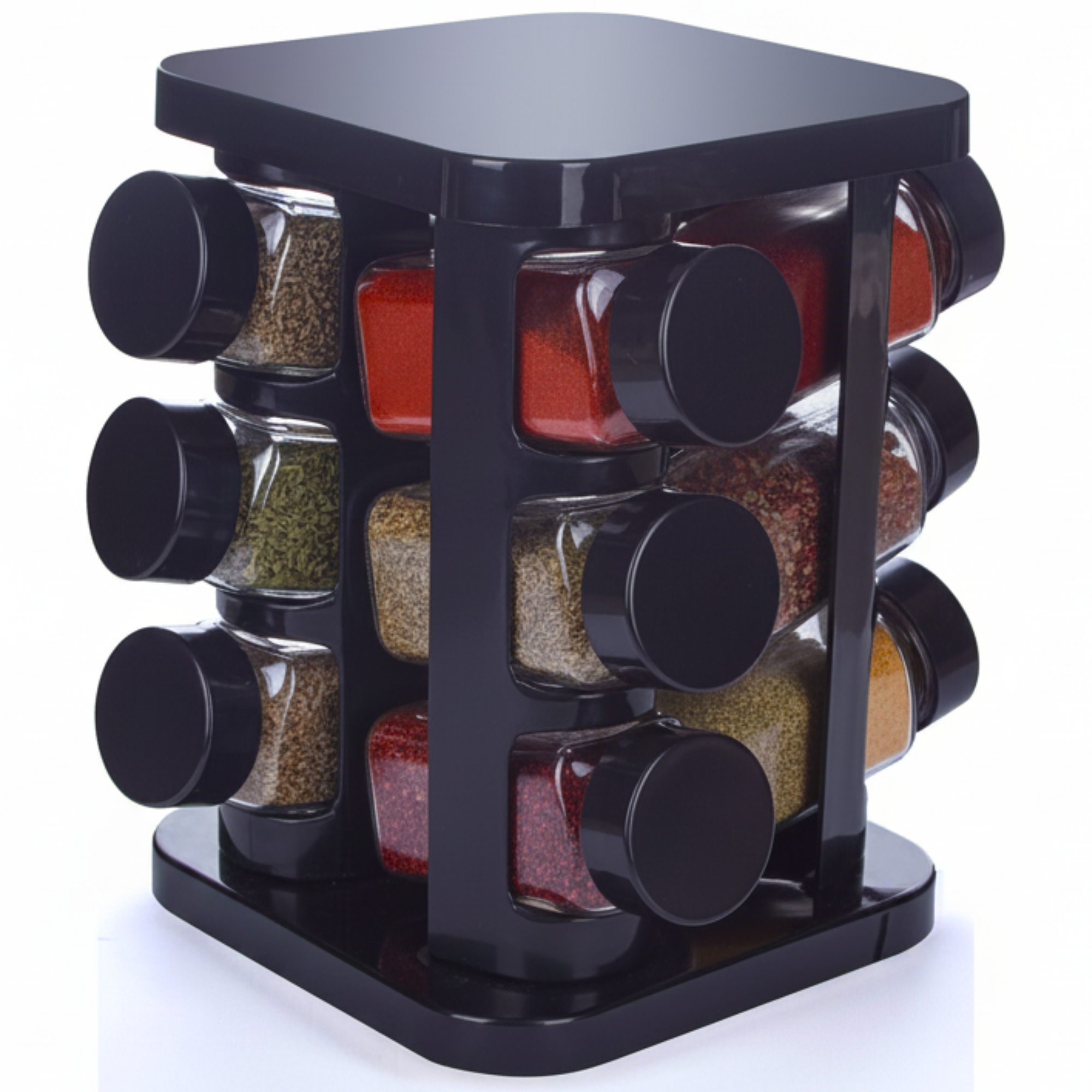 Set 12 recipiente pentru condimente cu suport Koken, sare/piper/paprika, design ergonomic, economisire spatiu, sticla groasa, capace plastic fara BPA, negru