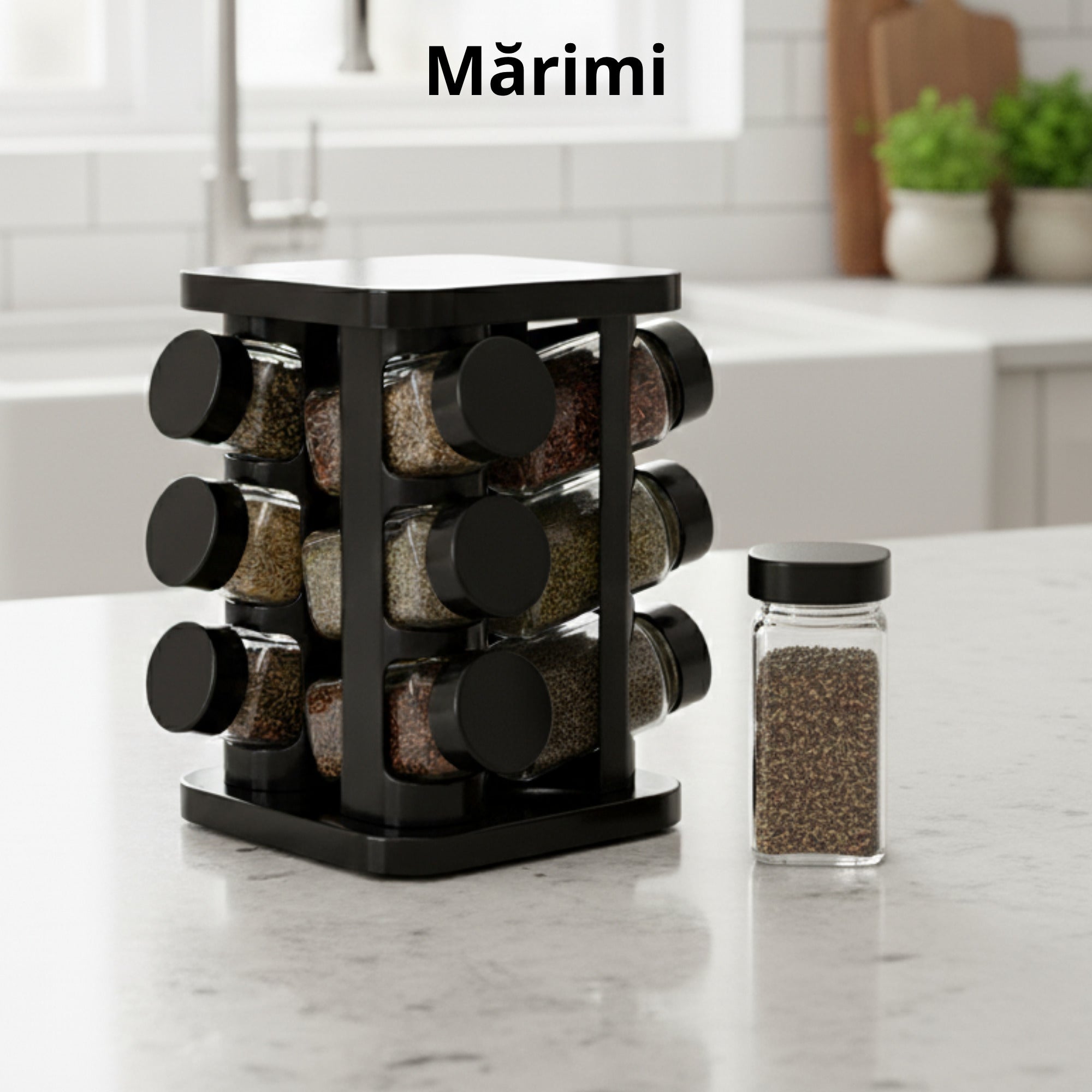 Set 12 recipiente pentru condimente cu suport Koken, sare/piper/paprika, design ergonomic, economisire spatiu, sticla groasa, capace plastic fara BPA, negru - 1 | YEO