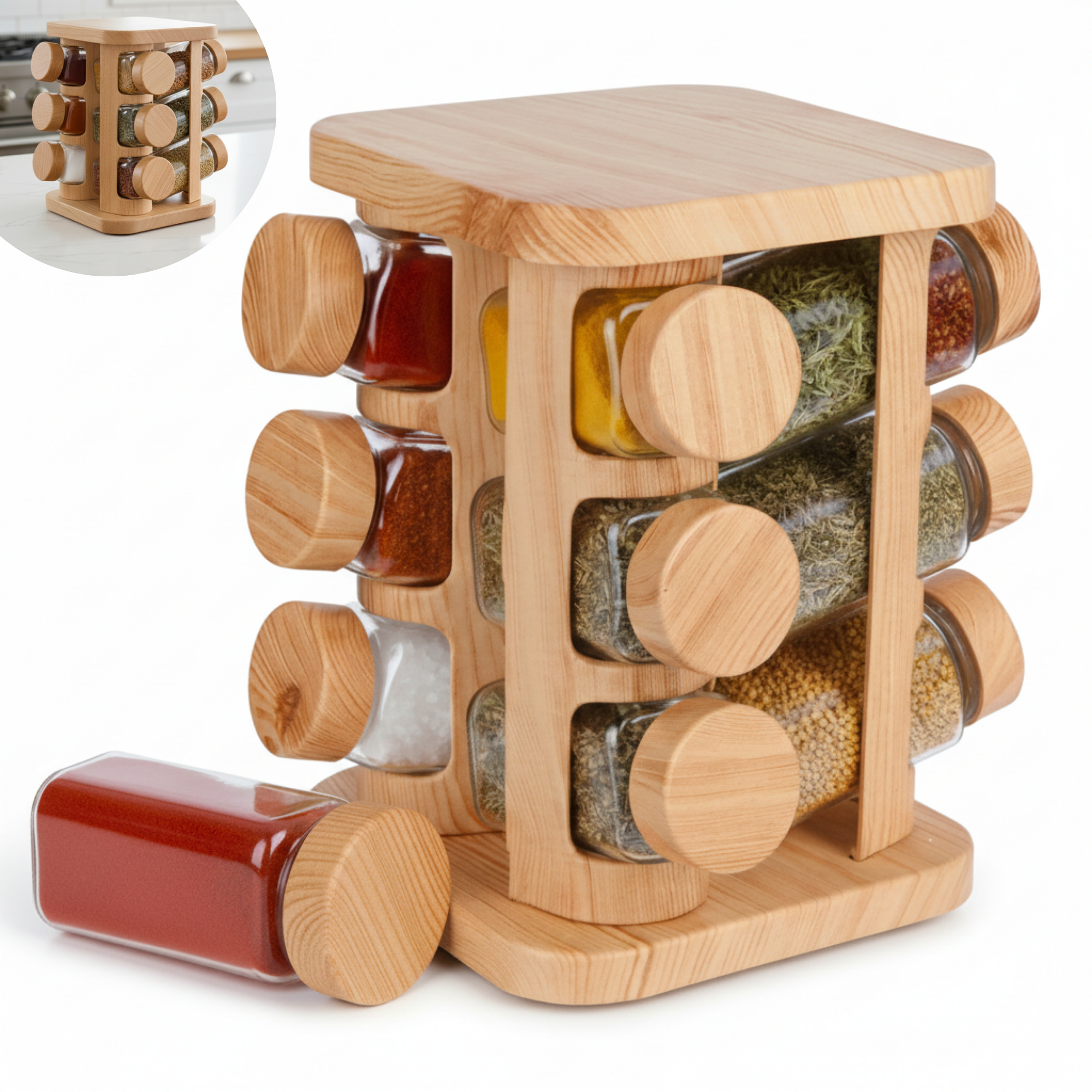 Set 12 recipiente pentru condimente cu suport din lemn Koken, sare/piper/paprika, compact si functional, sticla groasa, capace din lemn natural, transparent