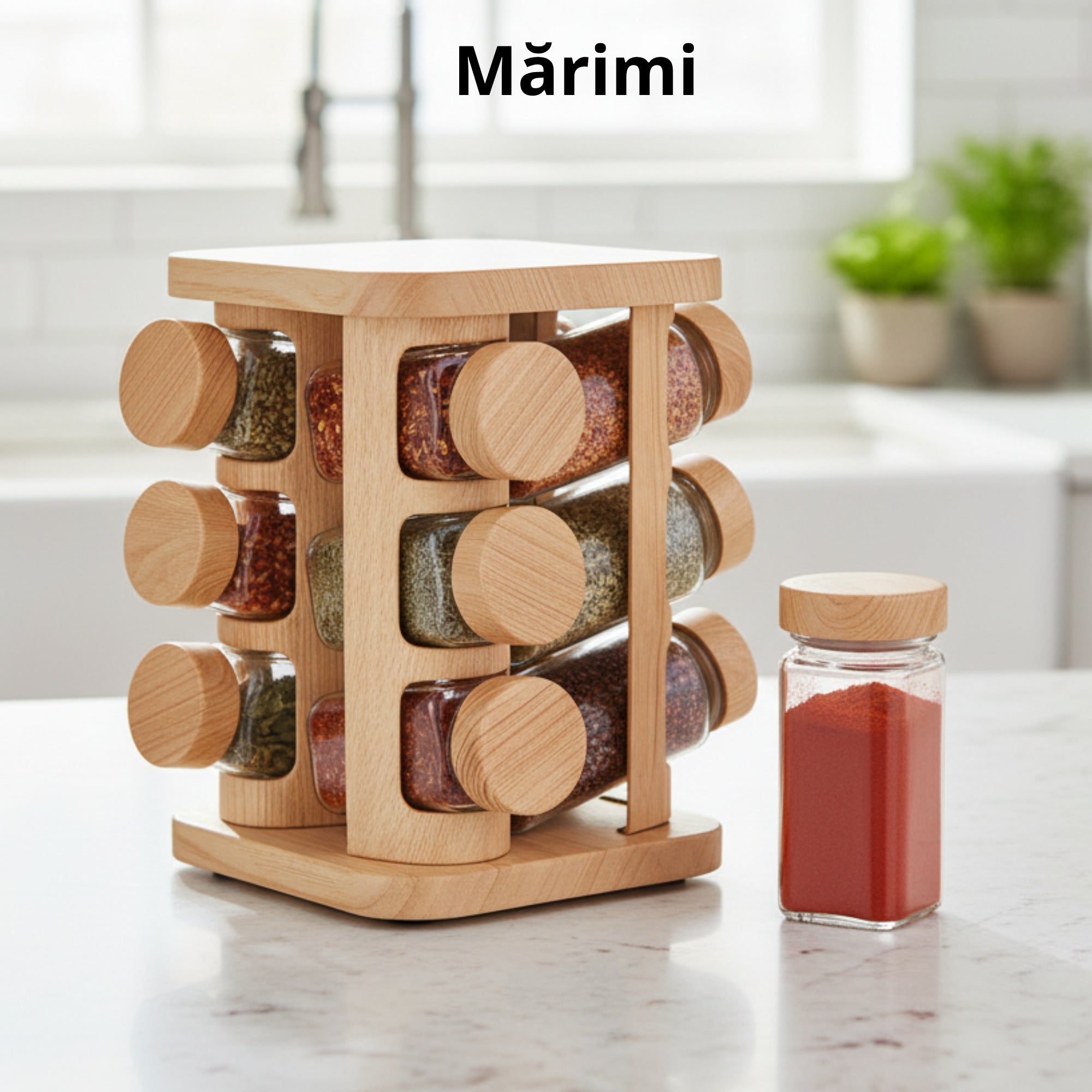 Set 12 recipiente pentru condimente cu suport din lemn Koken, sare/piper/paprika, compact si functional, sticla groasa, capace din lemn natural, transparent - 1 | YEO