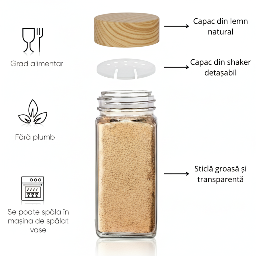 Set 12 recipiente pentru condimente cu suport din lemn Koken, sare/piper/paprika, compact si functional, sticla groasa, capace din lemn natural, transparent