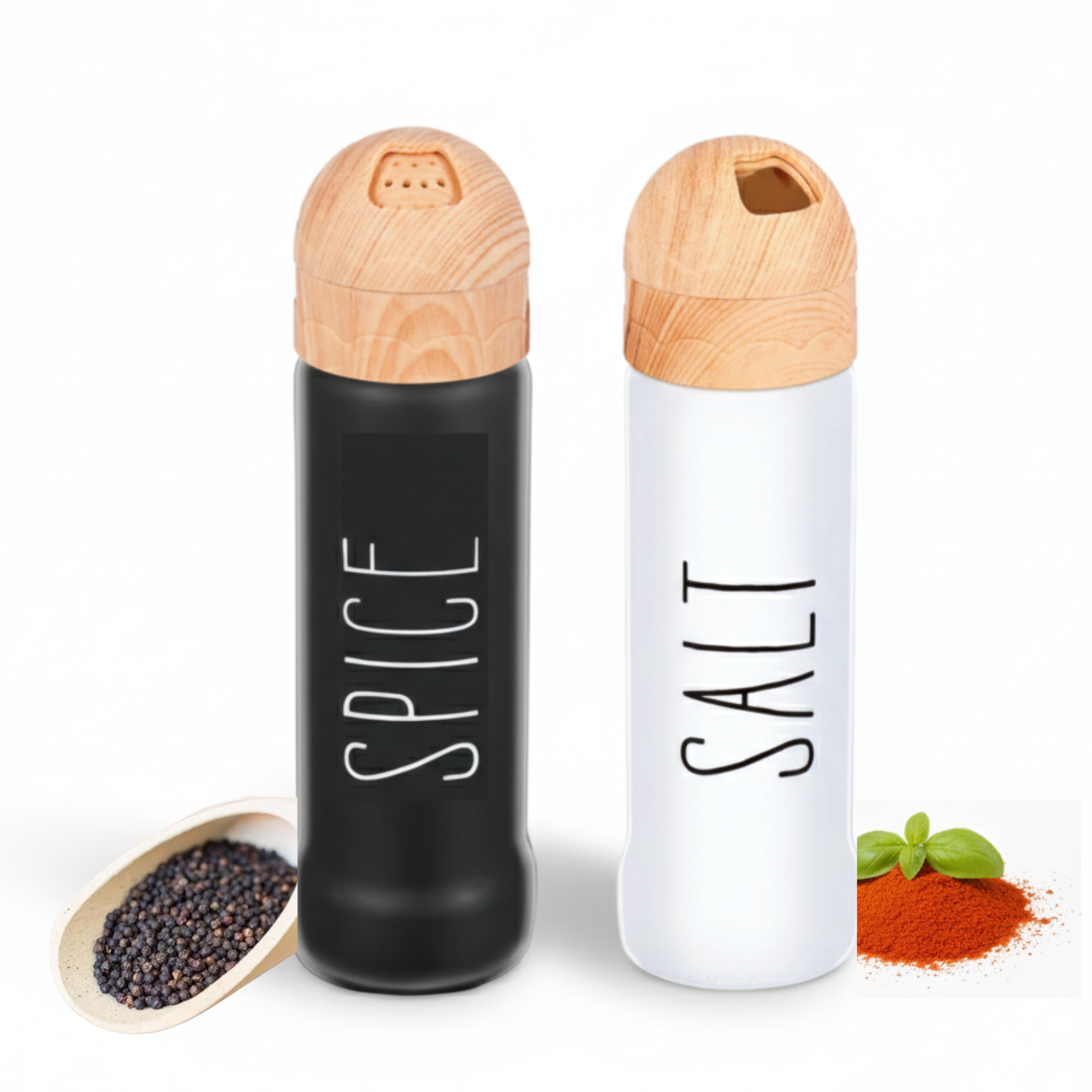 Set 2 recipiente Koken pentru condimente, sare/piper, design ergonomic, stil minimalist,  din lemn natural, alb/negru