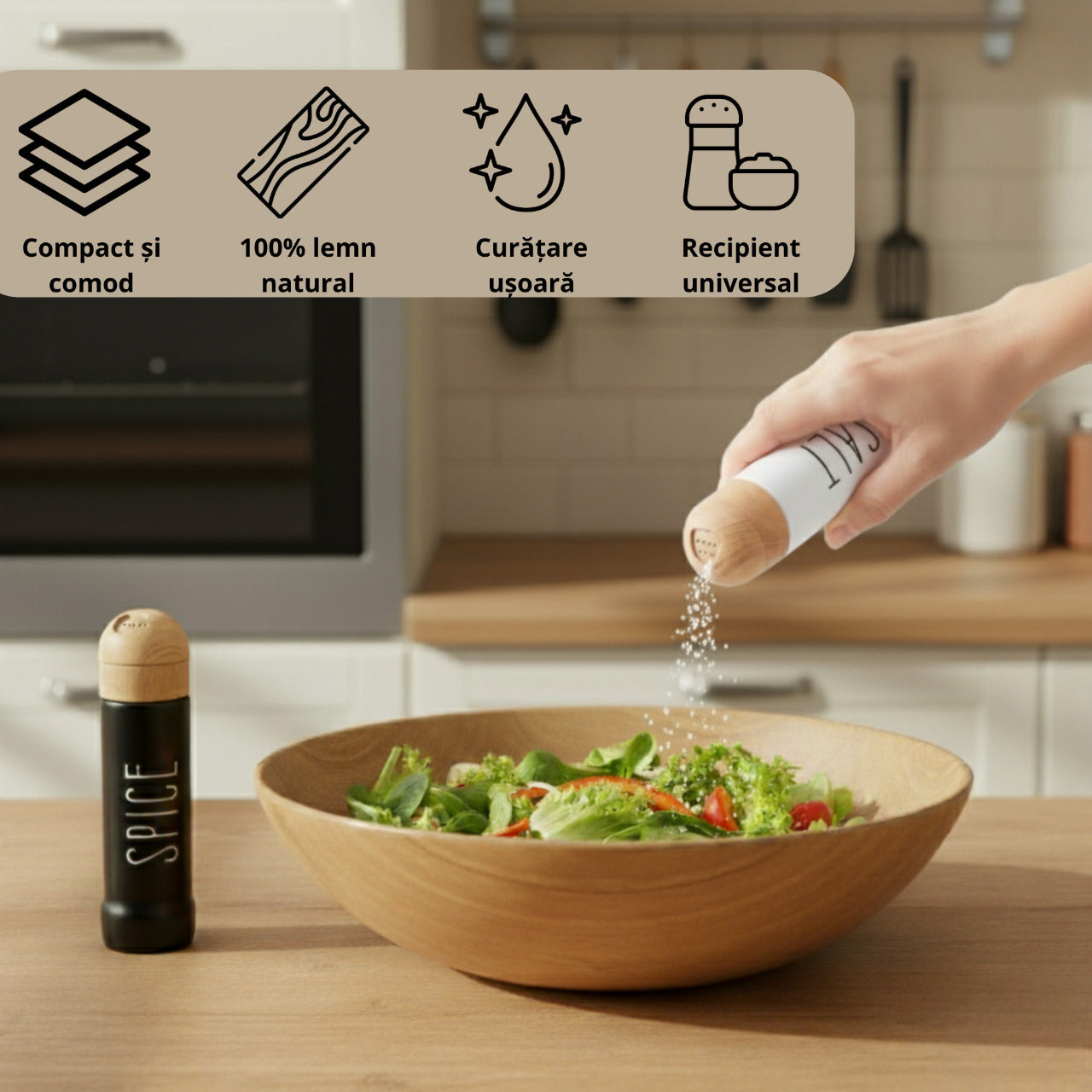 Set 2 recipiente Koken pentru condimente, sare/piper, design ergonomic, stil minimalist,  din lemn natural, alb/negru - 2 | YEO