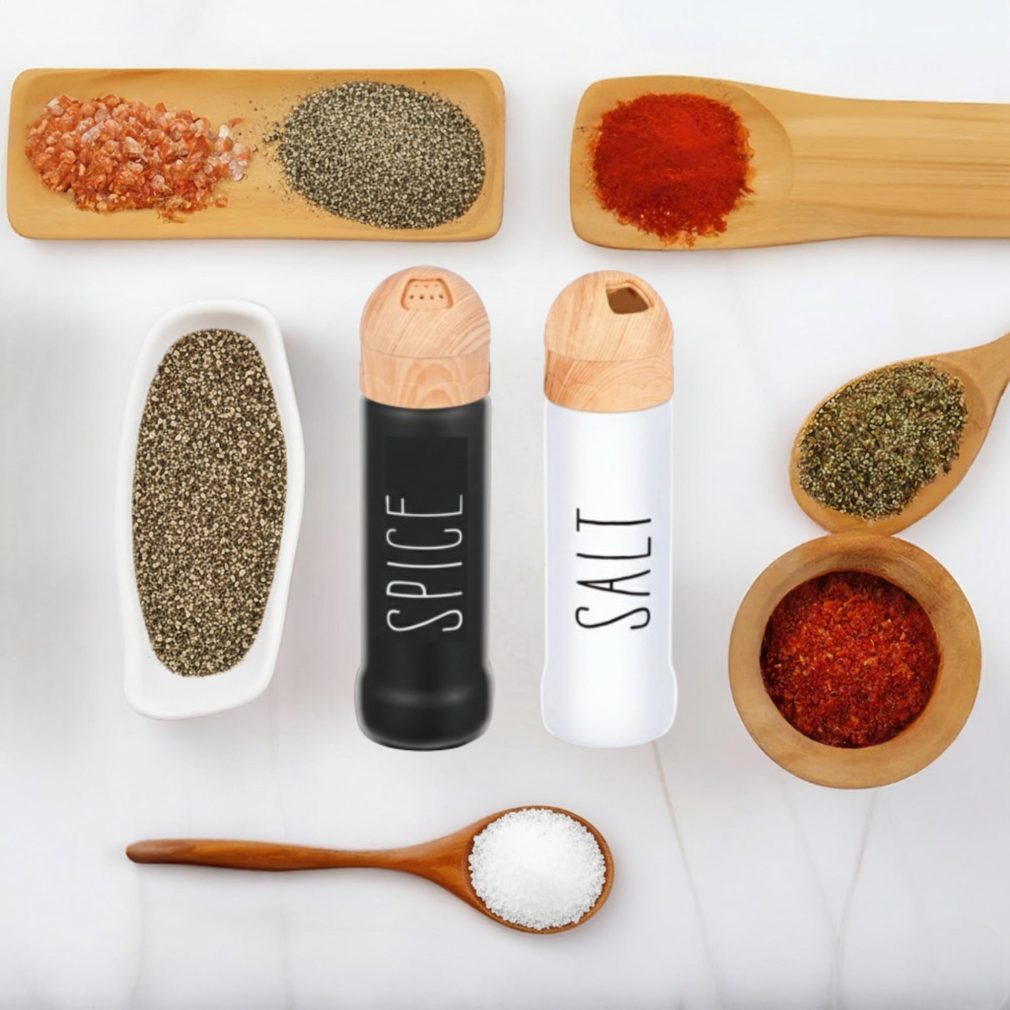 Set 2 recipiente Koken pentru condimente, sare/piper, design ergonomic, stil minimalist,  din lemn natural, alb/negru - 3 | YEO