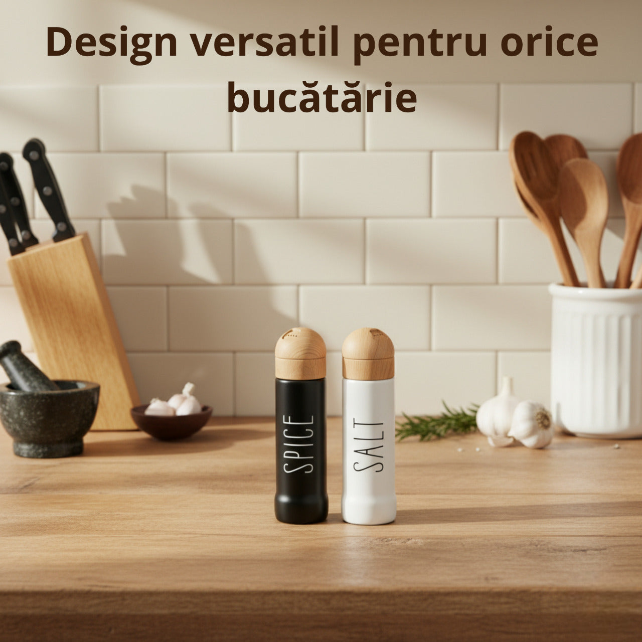 Set 2 recipiente Koken pentru condimente, sare/piper, design ergonomic, stil minimalist,  din lemn natural, alb/negru - 4 | YEO