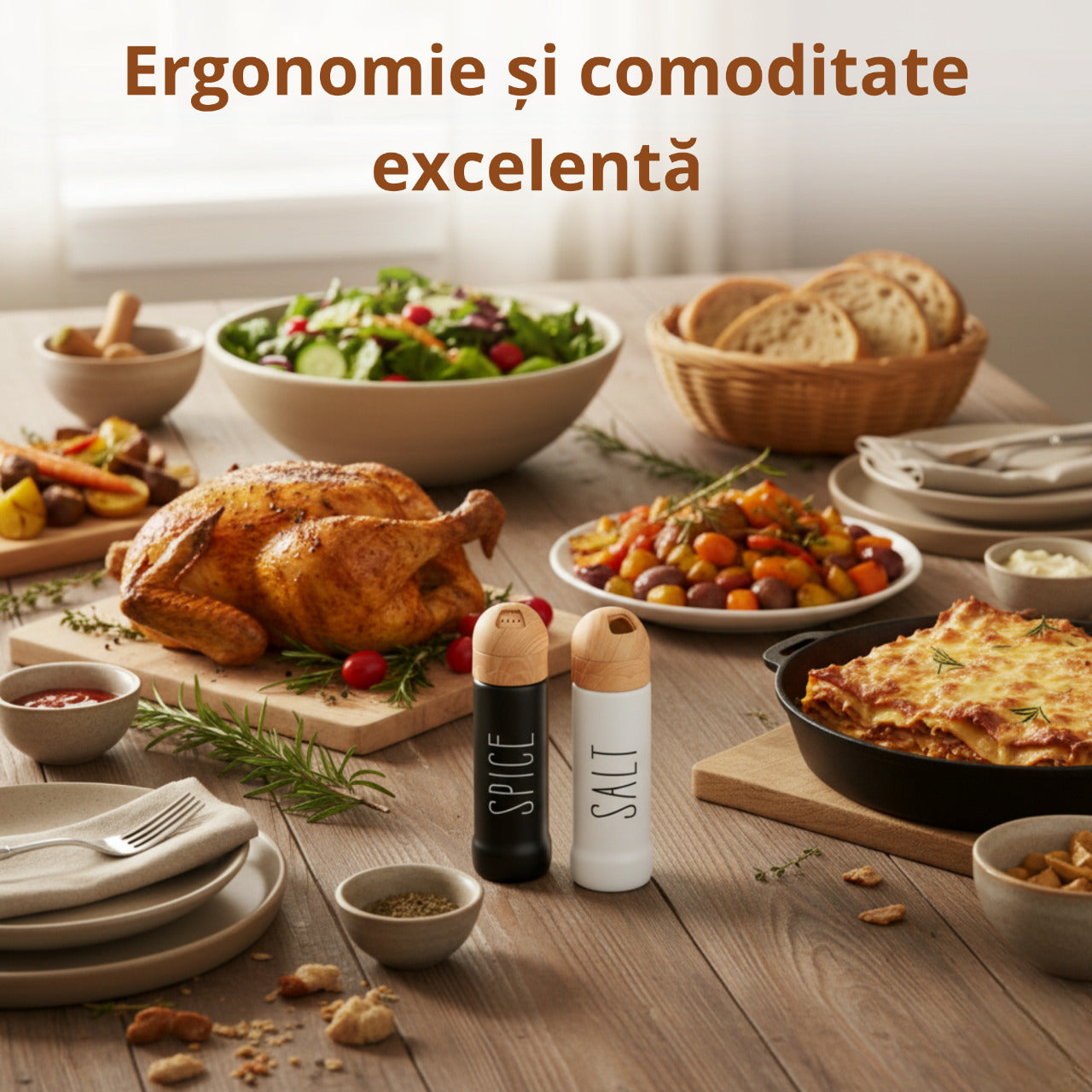 Set 2 recipiente Koken pentru condimente, sare/piper, design ergonomic, stil minimalist,  din lemn natural, alb/negru - 5 | YEO