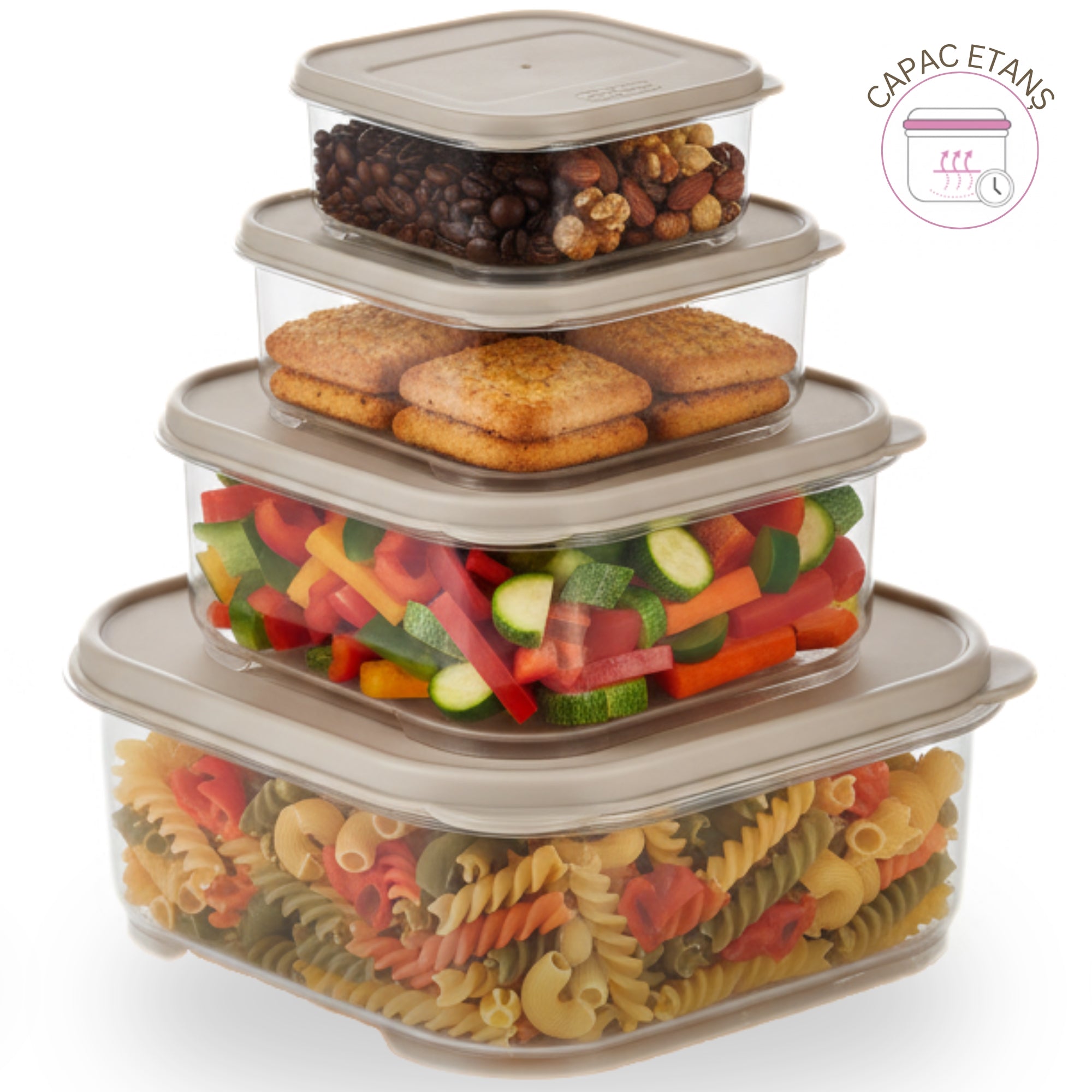 Set 4 recipient de depozitare alimente Koken, organizare ușoară, etanșe, cutie cu capac, plastic fără BPA, rezistent la rece, 0.2L, 0.53L, 1.1L, 2.2L Transparent/Bej