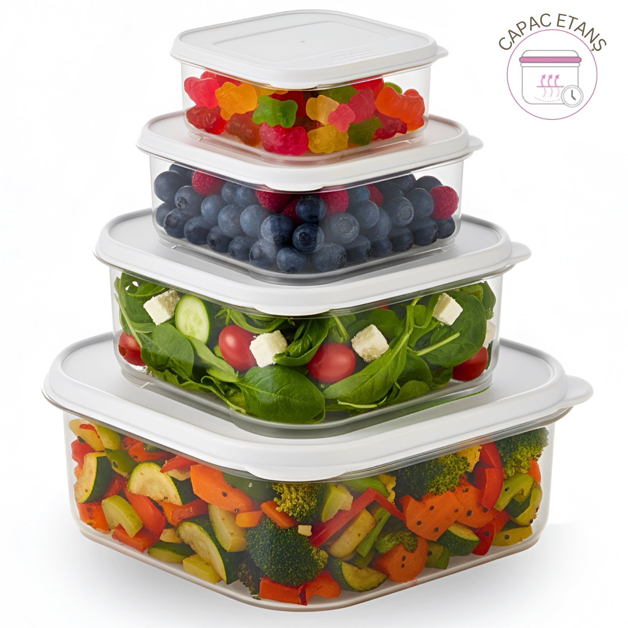 Set 4 recipient de depozitare alimente Koken, organizare ușoară, etanșe, cutie cu capac, plastic fără BPA, rezistent la rece, 0.2L, 0.53L, 1.1L, 2.2L Transparent/Bej - 5 | YEO