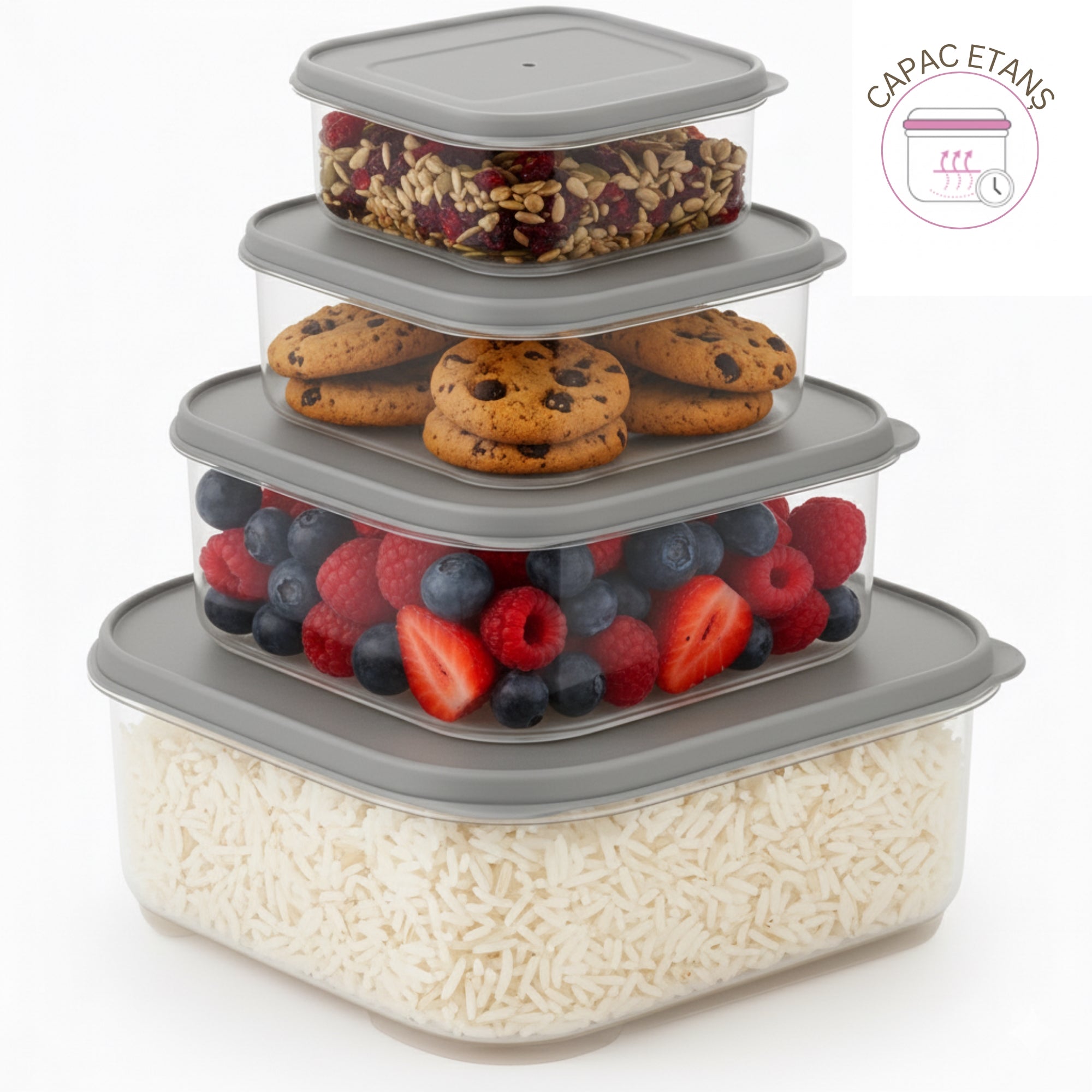 Set 4 recipient de depozitare alimente Koken, organizare ușoară, etanșe, cutie cu capac, plastic fără BPA, rezistent la rece, 0.2L, 0.53L, 1.1L, 2.2L Transparent/Bej