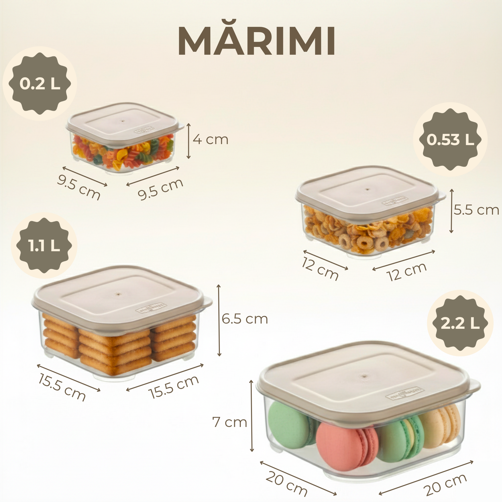 Set 4 recipient de depozitare alimente Koken, organizare ușoară, etanșe, cutie cu capac, plastic fără BPA, rezistent la rece, 0.2L, 0.53L, 1.1L, 2.2L Transparent/Bej - 1 | YEO