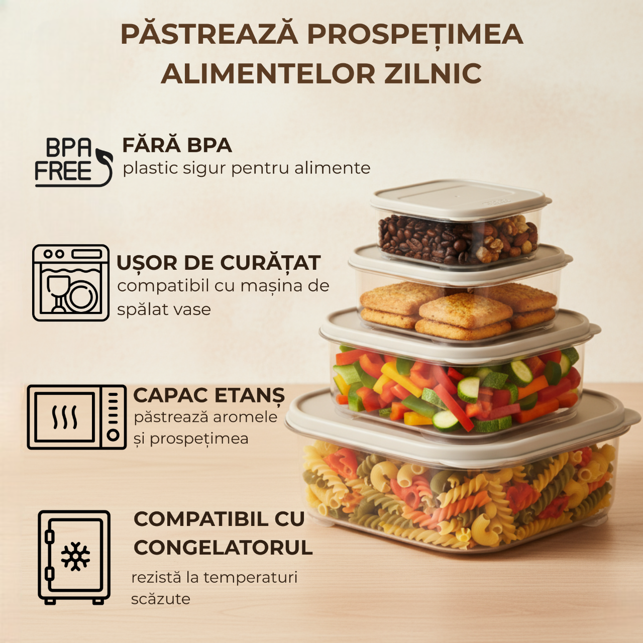 Set 4 recipient de depozitare alimente Koken, organizare ușoară, etanșe, cutie cu capac, plastic fără BPA, rezistent la rece, 0.2L, 0.53L, 1.1L, 2.2L Transparent/Bej - 3 | YEO