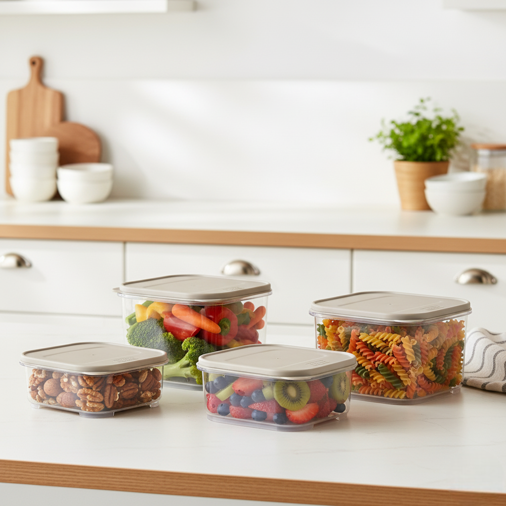 Set 4 recipient de depozitare alimente Koken, organizare ușoară, etanșe, cutie cu capac, plastic fără BPA, rezistent la rece, 0.2L, 0.53L, 1.1L, 2.2L Transparent/Bej - 4 | YEO