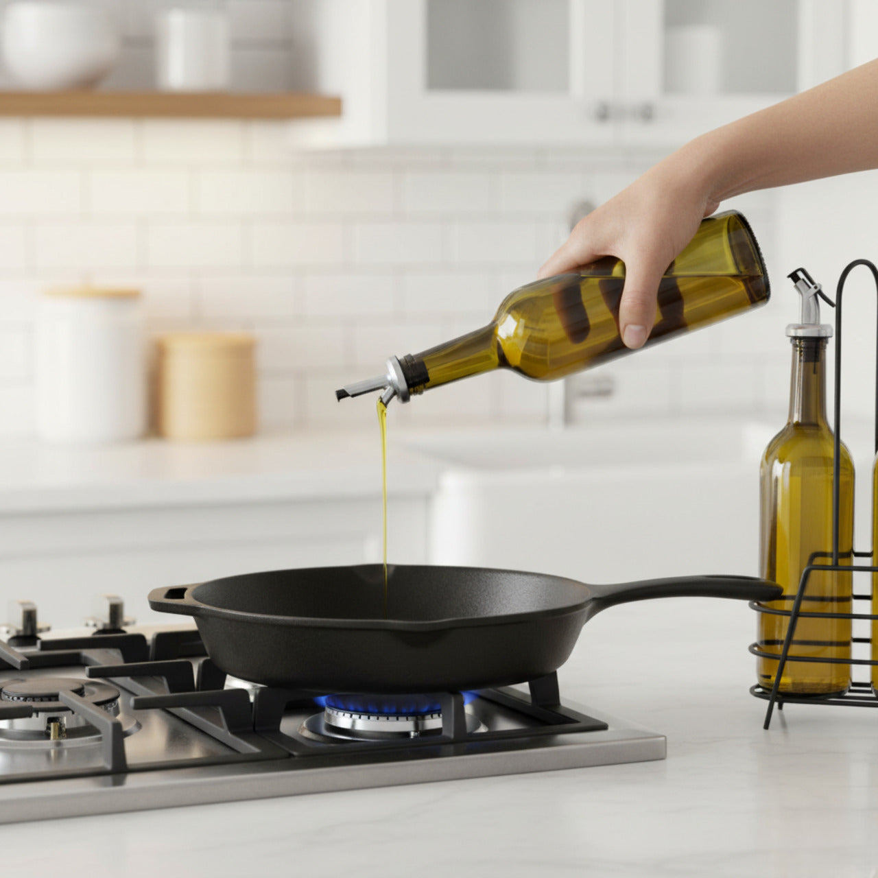 Set 2 Oliviere Koken din Sticla, 750 ml, pentru Ulei, Sos de Soia, Otet,Siropuri, cu suport metalic, Verdeu2028 - 5 | YEO