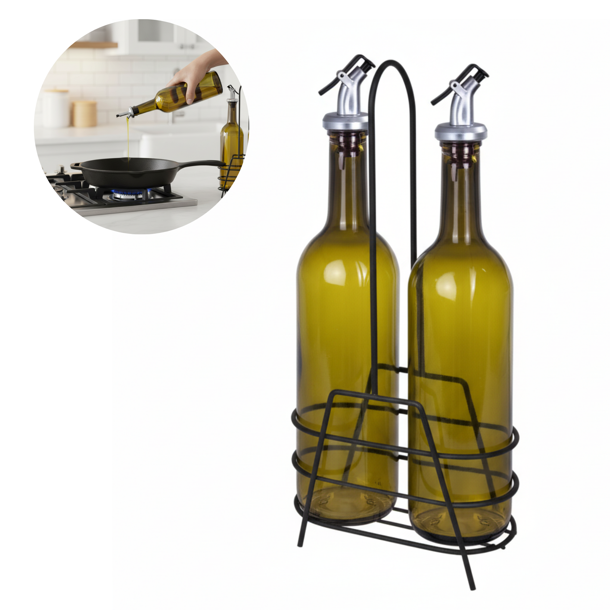 Set 2 Oliviere Koken din Sticla, 750 ml, pentru Ulei, Sos de Soia, Otet,Siropuri, cu suport metalic, Verdeu2028