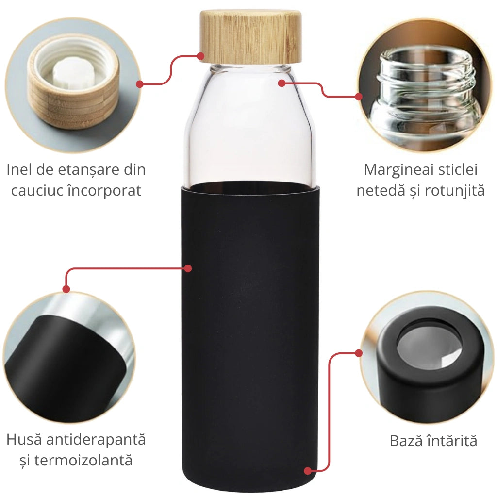 Sticla borosilicata Koken 500ml cu husa silicon antiderapanta, reutilizabila, capac bambus, rezistenta la bauturi fierbinti/reci, apa/suc/ceai/cafea, 23x6 cm, Albastru - 2 | YEO