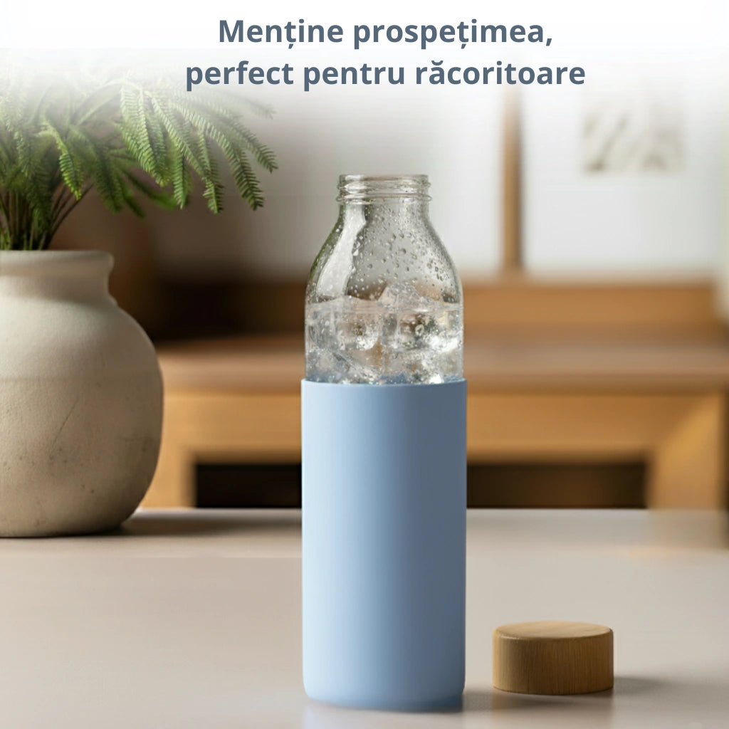Sticla borosilicata Koken 500ml cu husa silicon antiderapanta, reutilizabila, capac bambus, rezistenta la bauturi fierbinti/reci, apa/suc/ceai/cafea, 23x6 cm, Albastru - 3 | YEO