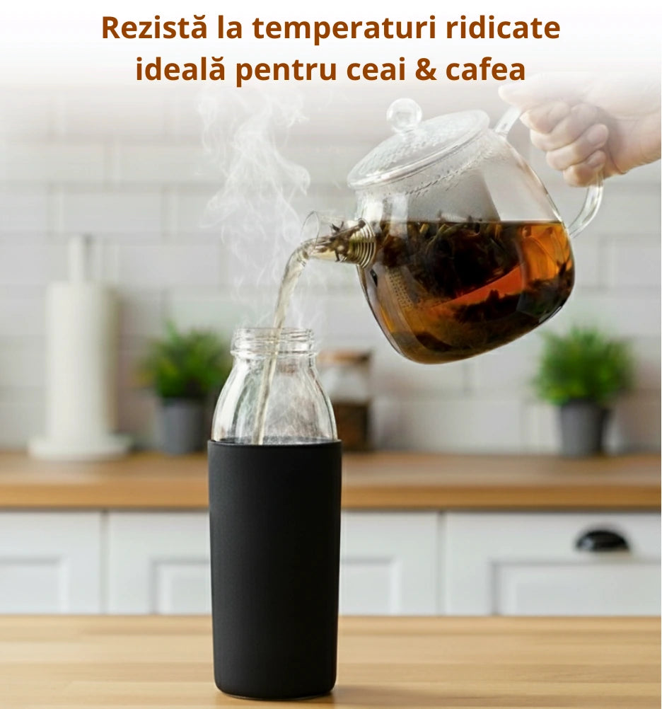Sticla borosilicata Koken 500ml cu husa silicon antiderapanta, reutilizabila, capac bambus, rezistenta la bauturi fierbinti/reci, apa/suc/ceai/cafea, 23x6 cm, Albastru - 4 | YEO