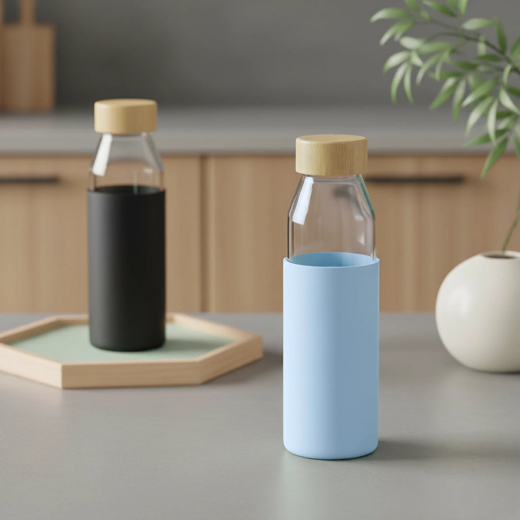 Sticla borosilicata Koken 500ml cu husa silicon antiderapanta, reutilizabila, capac bambus, rezistenta la bauturi fierbinti/reci, apa/suc/ceai/cafea, 23x6 cm, Albastru - 5 | YEO