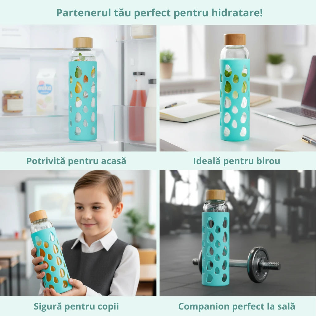 Sticla borosilicata Koken 550ml cu capac bambus, husa silicon antiderapanta, rezistenta la rece/fierbinte, pentru apă/suc/ceai/cafea, 23x6 cm, Turcoaz