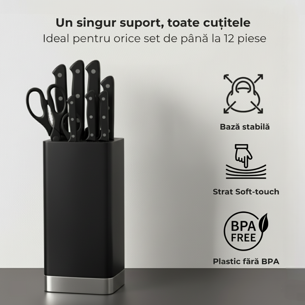 Suport pentru cuțite universal Koken, material plastic dur fara BPA, baza patrata, usor de curatat, soft-touch, negru mat, 9.5x9.5x22 cm - 3 | YEO