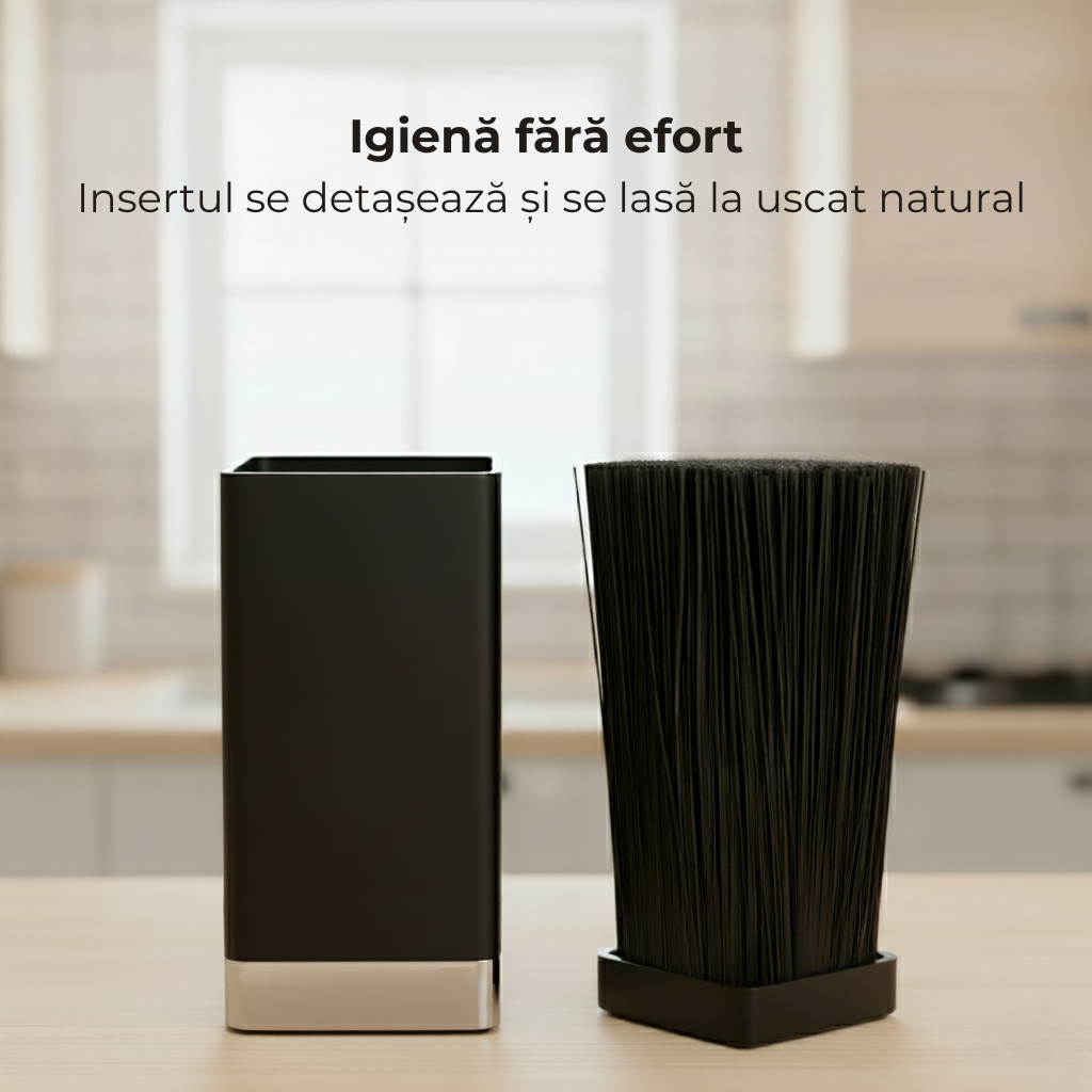 Suport pentru cuțite universal Koken, material plastic dur fara BPA, baza patrata, usor de curatat, soft-touch, negru mat, 9.5x9.5x22 cm - 4 | YEO
