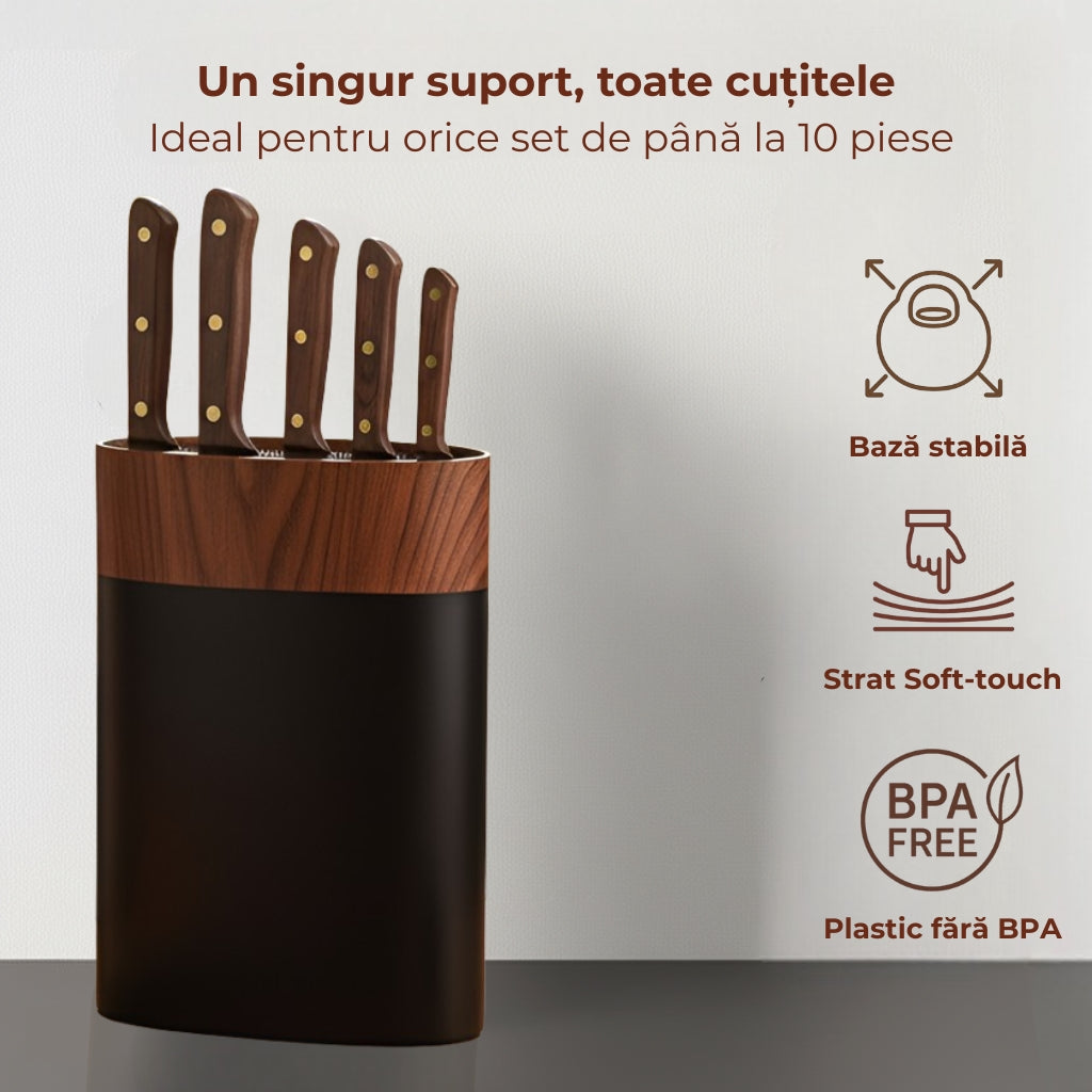 Suport universal pentru cutite, insertie cu fire din nylon, organizator din plastic soft-touch fara BPA, 22x16x7.2 cm, Negru cu imitatie lemn - 3 | YEO