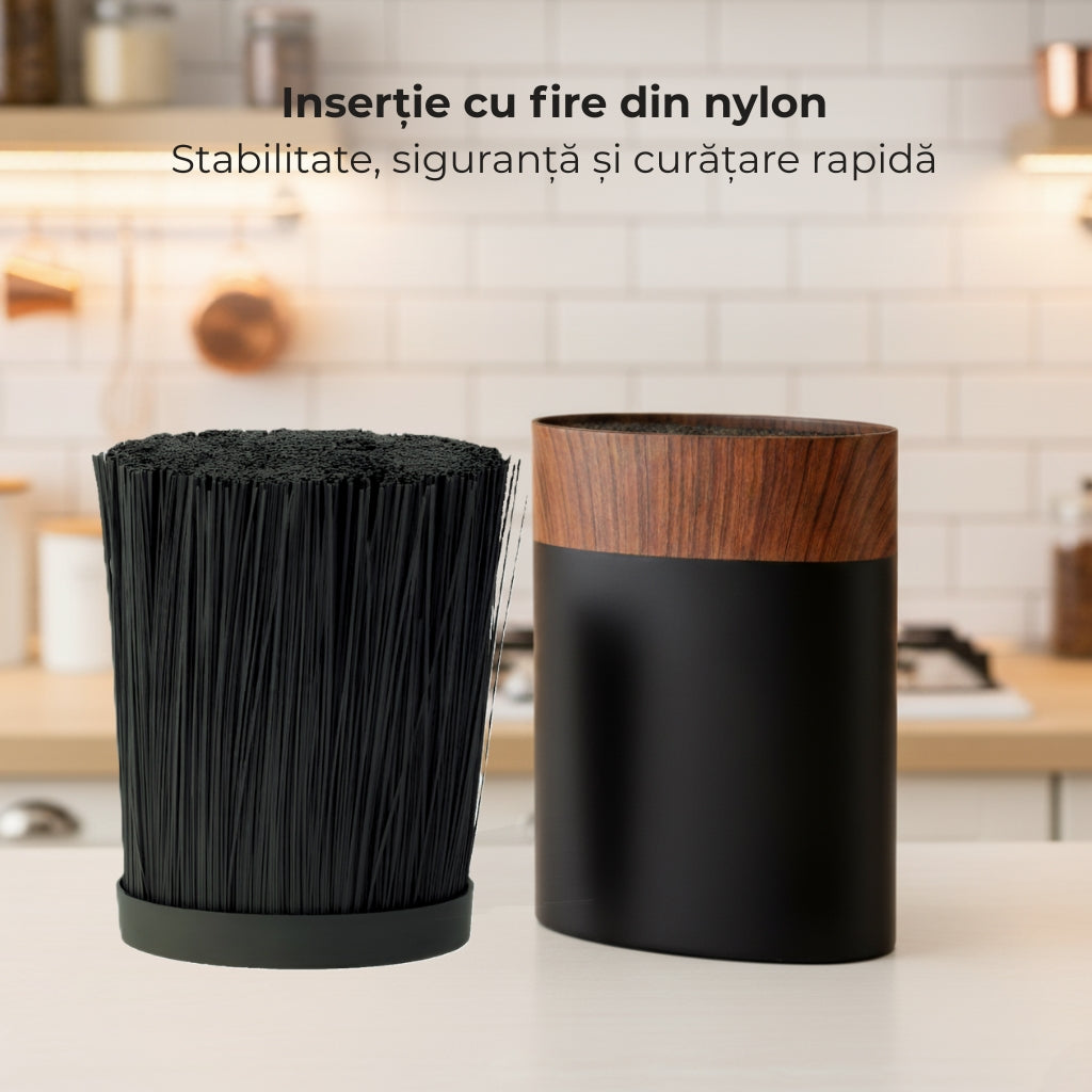 Suport universal pentru cutite, insertie cu fire din nylon, organizator din plastic soft-touch fara BPA, 22x16x7.2 cm, Negru cu imitatie lemn - 4 | YEO