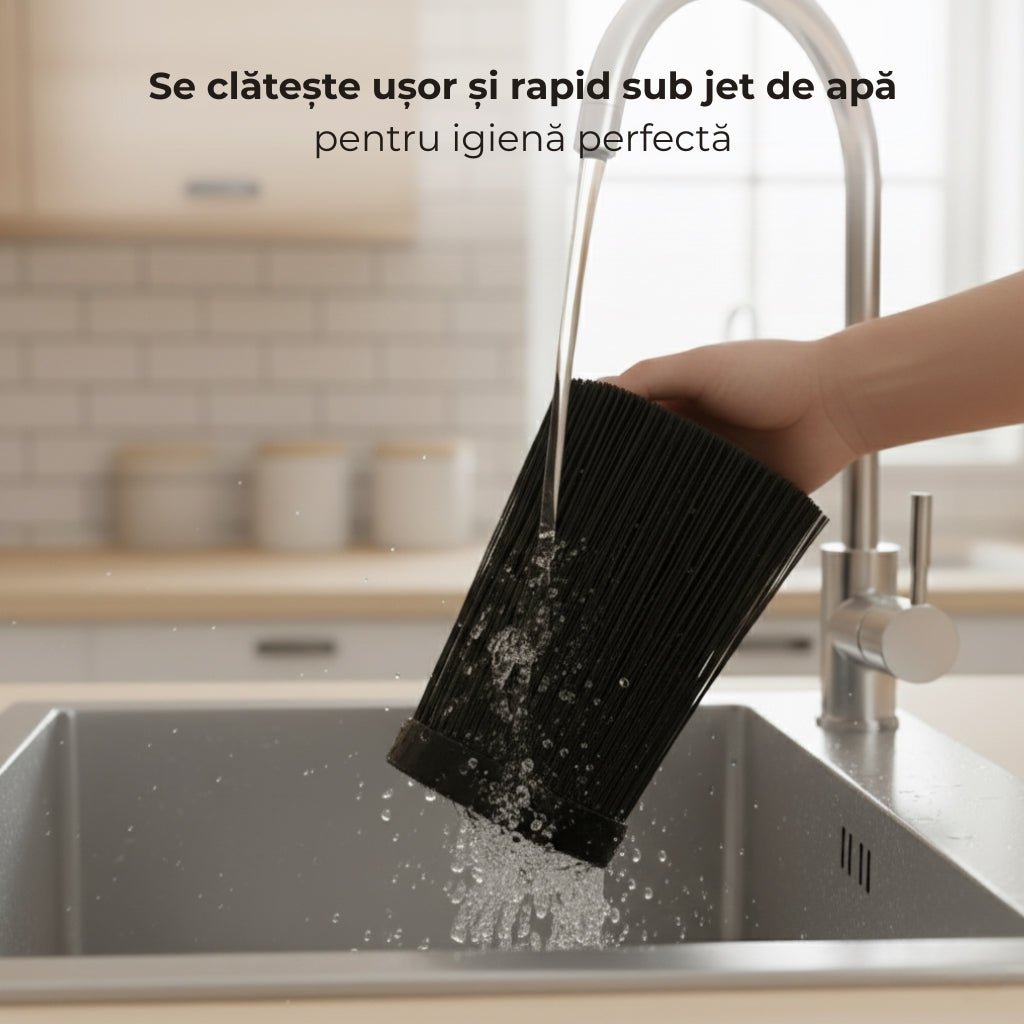 Suport universal pentru cutite, insertie cu fire din nylon, organizator din plastic soft-touch fara BPA, 22x16x7.2 cm, Negru cu imitatie lemn - 5 | YEO