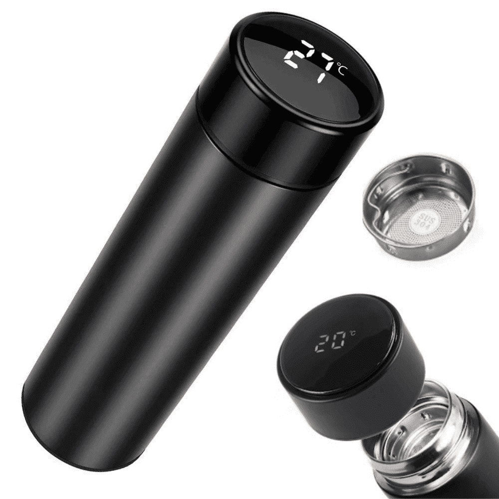 Termos Smart Koken, Display LED, Afisare temperatura, 500 ml, cu sita infuzor si perete dublu, 6.5×22.5 cm, Negru/Auriu