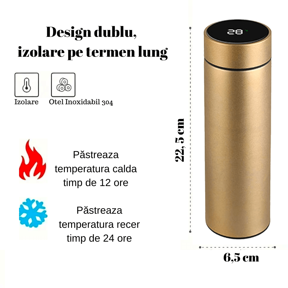 Termos Smart Koken, Display LED, Afisare temperatura, 500 ml, cu sita infuzor si perete dublu, 6.5×22.5 cm, Negru/Auriu - 2 | YEO