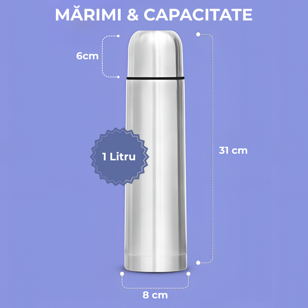 Termos pentru băuturi Koken, inox 304, capacitate 1000 ml, perete dublu, 10h mentinere temperatura rece sau fierbinte, 32×8.3 cm, metalic - 2 | YEO