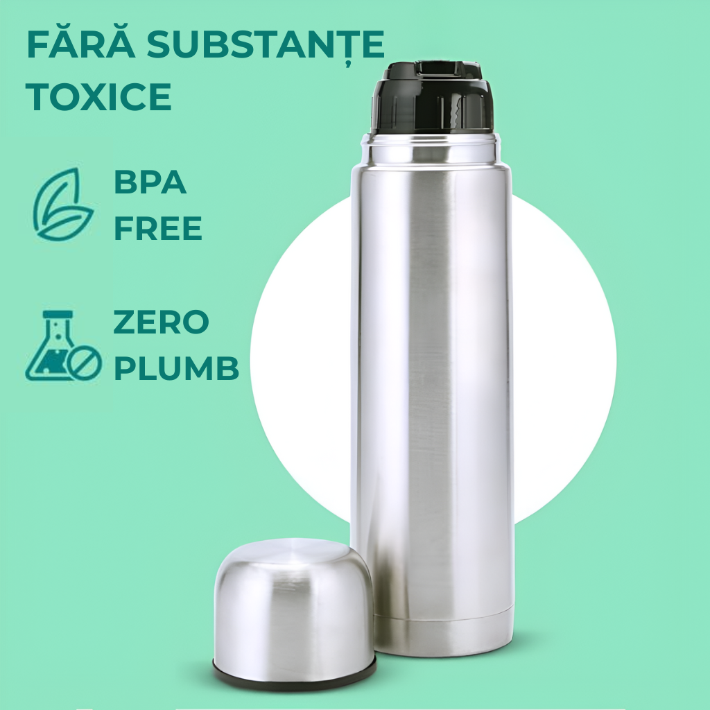 Termos pentru băuturi Koken, inox 304, capacitate 1000 ml, perete dublu, 10h mentinere temperatura rece sau fierbinte, 32×8.3 cm, metalic - 3 | YEO