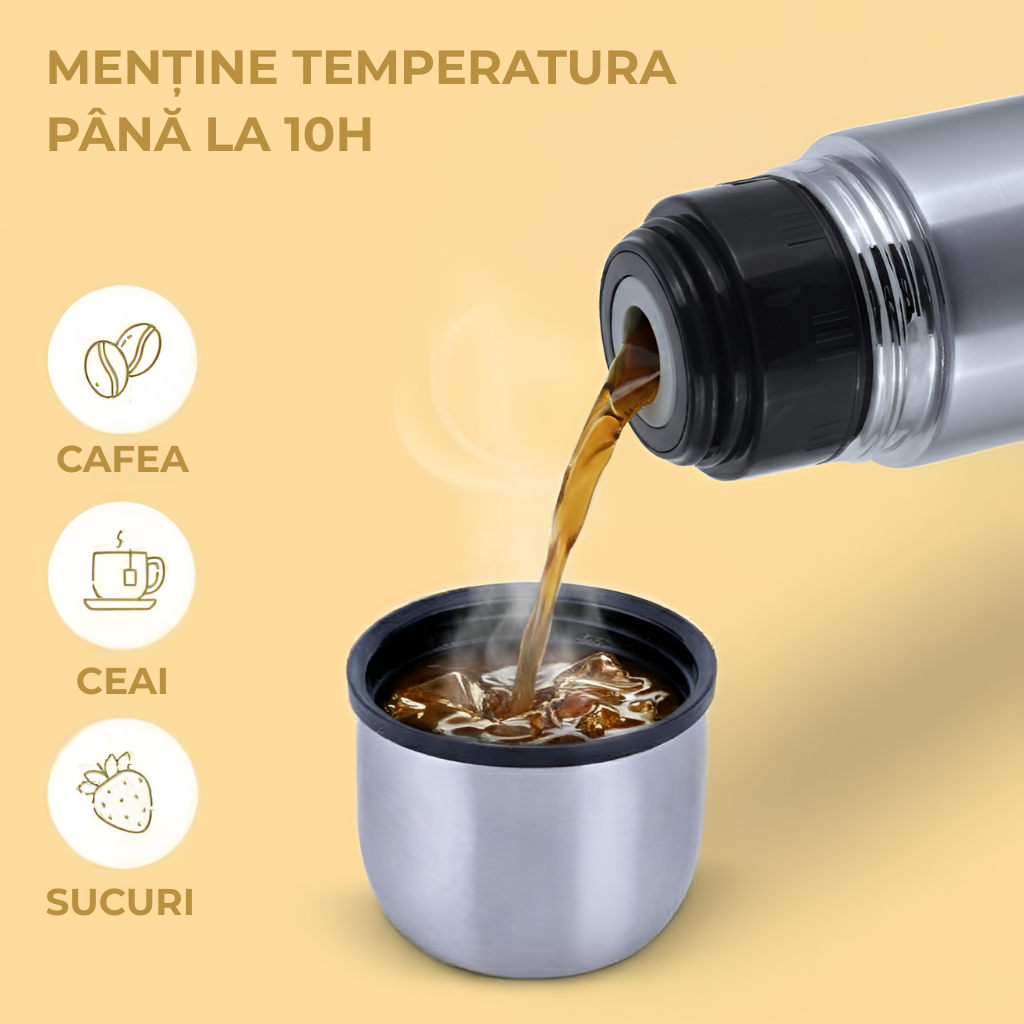 Termos pentru băuturi Koken, inox 304, capacitate 1000 ml, perete dublu, 10h mentinere temperatura rece sau fierbinte, 32×8.3 cm, metalic - 5 | YEO