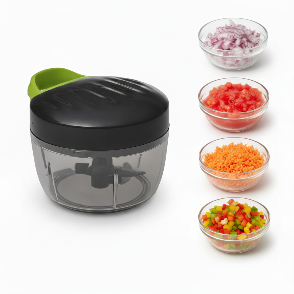Tocator manual multifunctional Koken 500 ml, 3 lame ascutite din inox, mecanic cu sfoara, perfect pentru legume/fructe/sosuri, curatare usoara, plastic fara BPA, negru/verde