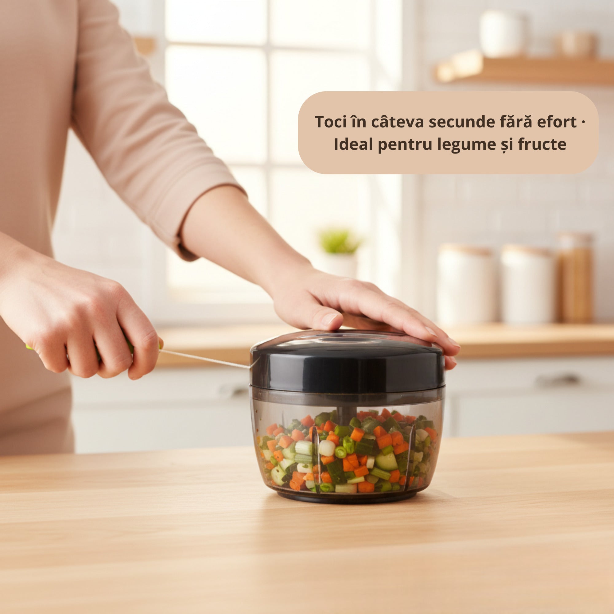 Tocator manual multifunctional Koken 500 ml, 3 lame ascutite din inox, mecanic cu sfoara, perfect pentru legume/fructe/sosuri, curatare usoara, plastic fara BPA, negru/verde - 2 | YEO