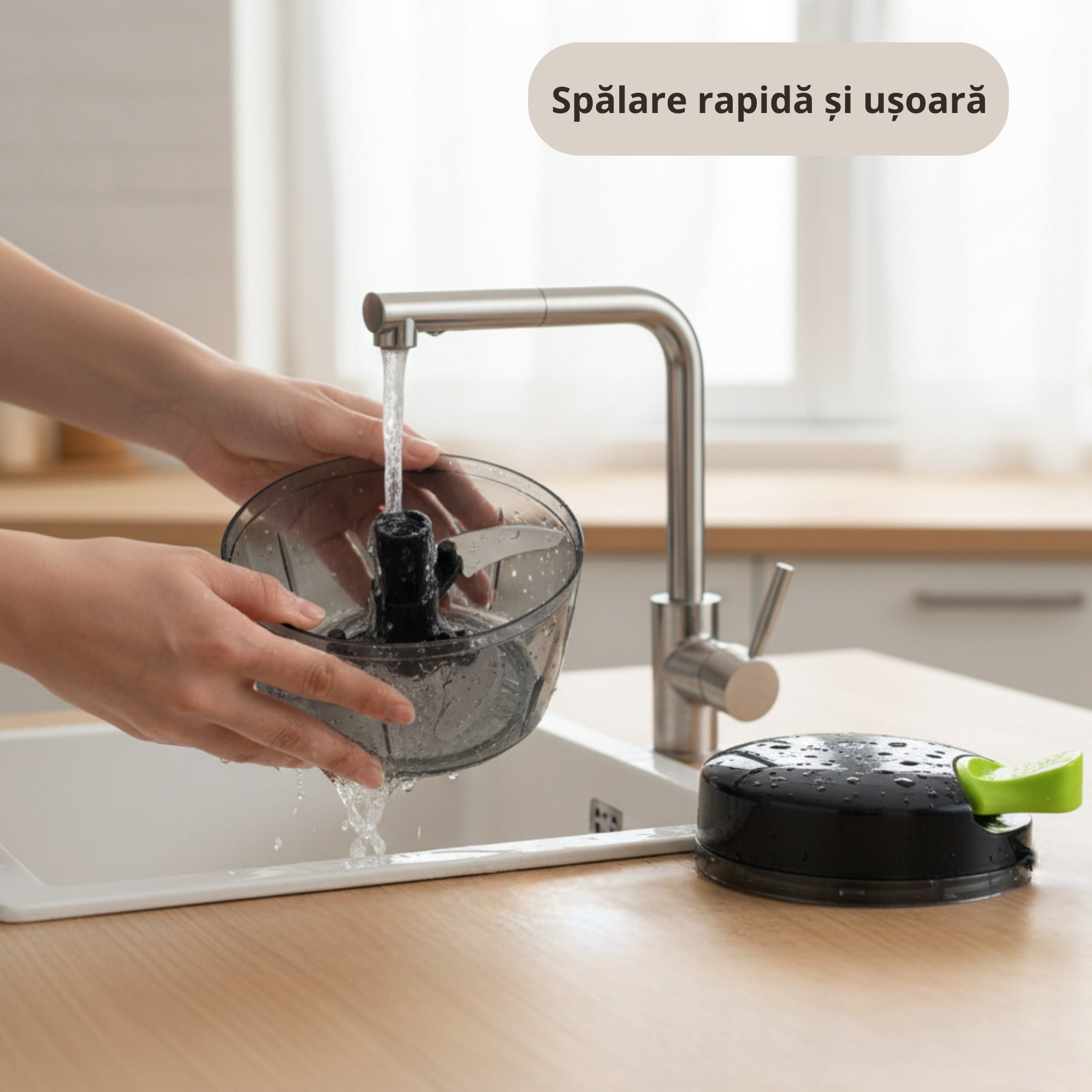 Tocator manual multifunctional Koken 500 ml, 3 lame ascutite din inox, mecanic cu sfoara, perfect pentru legume/fructe/sosuri, curatare usoara, plastic fara BPA, negru/verde - 4 | YEO