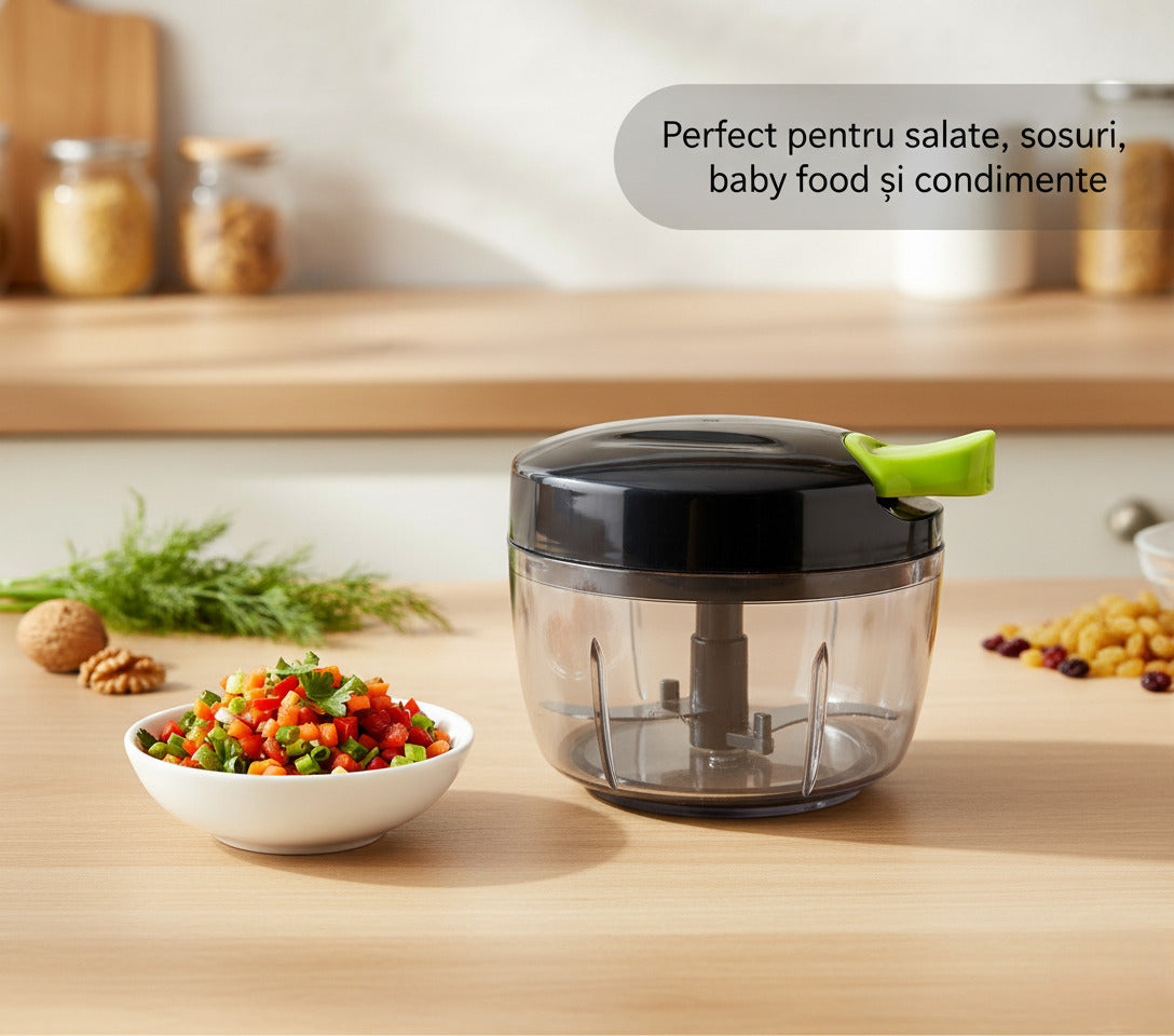 Tocator manual multifunctional Koken 500 ml, 3 lame ascutite din inox, mecanic cu sfoara, perfect pentru legume/fructe/sosuri, curatare usoara, plastic fara BPA, negru/verde - 5 | YEO