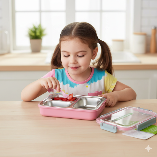 Cutie pentru pranz Koken, Lunch box Otel inoxidabil, Caserola copii scoala cu 3 Compartimente, 27,5 x 20,6 cm, Roz - 6 | YEO