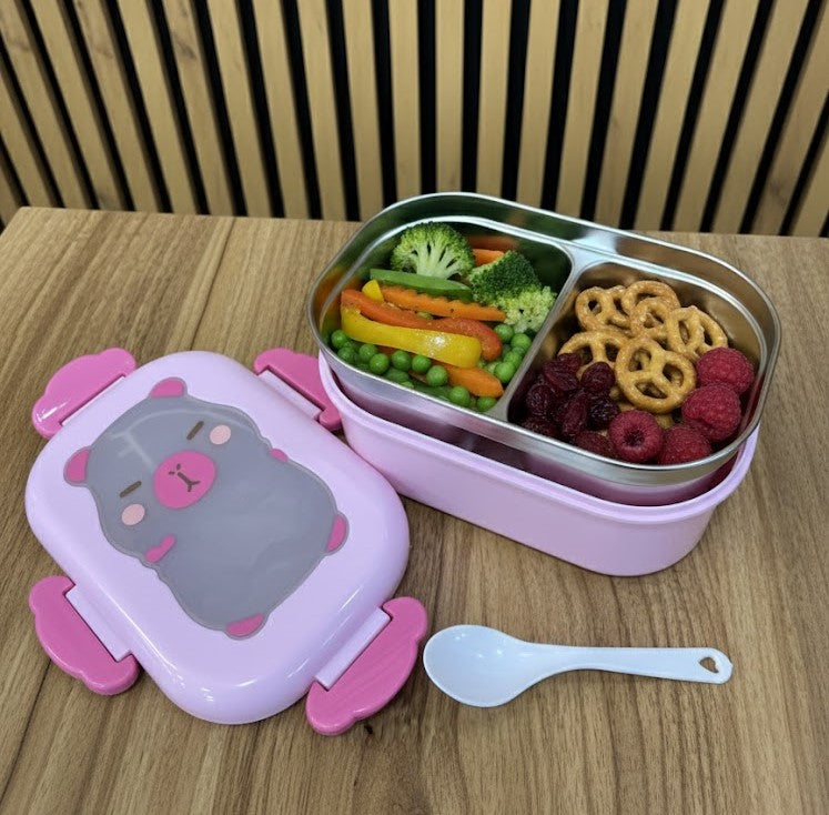 Cutie pentru pranz Koken, Lunch Inox, Caserola copii scoala cu 2 Compartimente, 22 x 15,5 x 7,5 cm, Lingura inclusa, Caserola pentru mancare, Roz/Bej - 5 | YEO